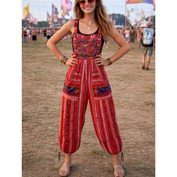Vintage Pants - VINTAGE Women's Guatemalan Huipil Tapestry Floral Overalls Jumpsuit M Hippie